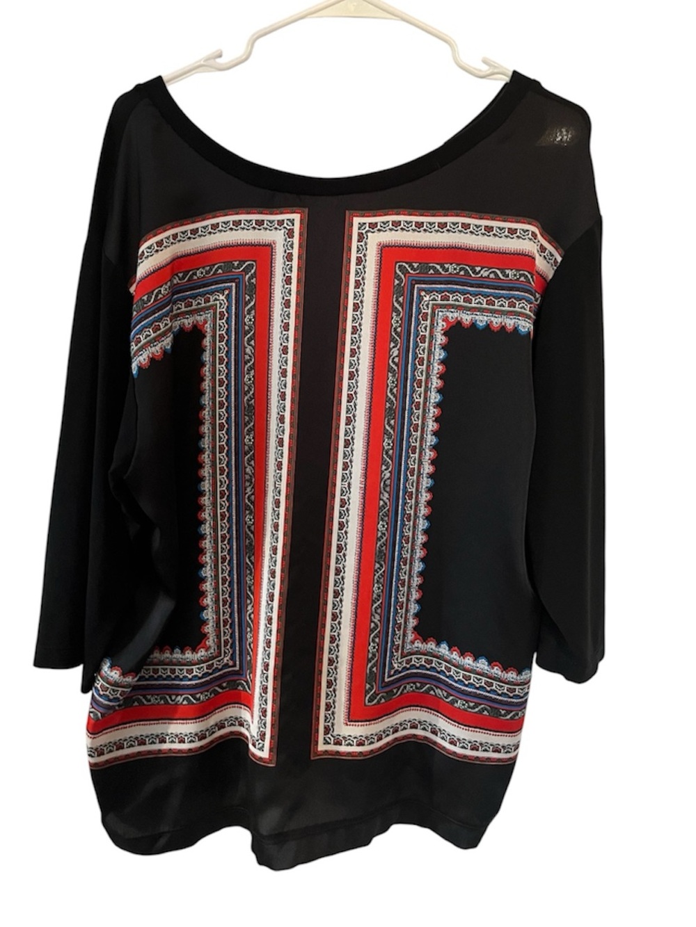 Zara Black Long-Sleeve Top with Red and Cream Border Print medium